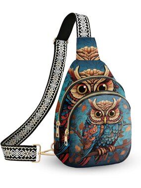 Unisex Owl Floral Sling Backpack Black Gold Imported Crossbody Bag